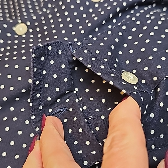 TOMMY HILFIGER NAVY WHITE POLKA DOT LONG ROLL-TAB SLEEVE BUTTON-UP BLOUSE - Picture 11 of 16